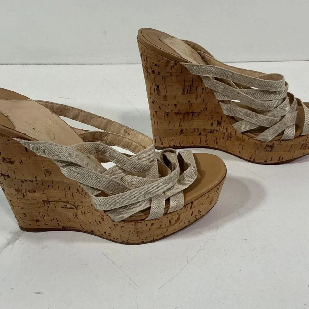 Christian Louboutin Corniche Cork Beige Woven Platform Wedge Sandals Size 40.5